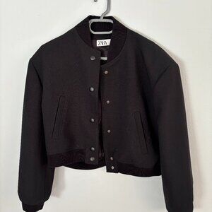 Zara Black Cropped Bomber Jacket